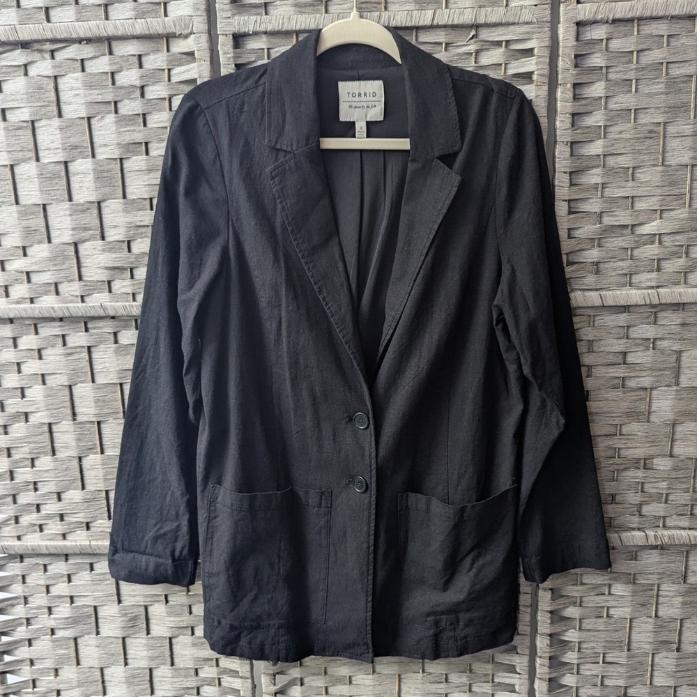Torrid Blazer Black Linen Blend Two Button Pocket Jacket Sz 0 (L) Minimalist